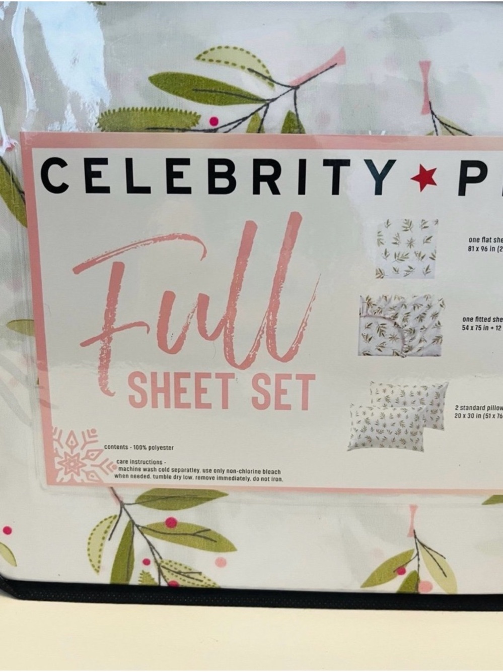 Celebrity Pink Holly and Berries Full Size Four Piece Sheet Set White Green Pink - Picture 9 of 12
